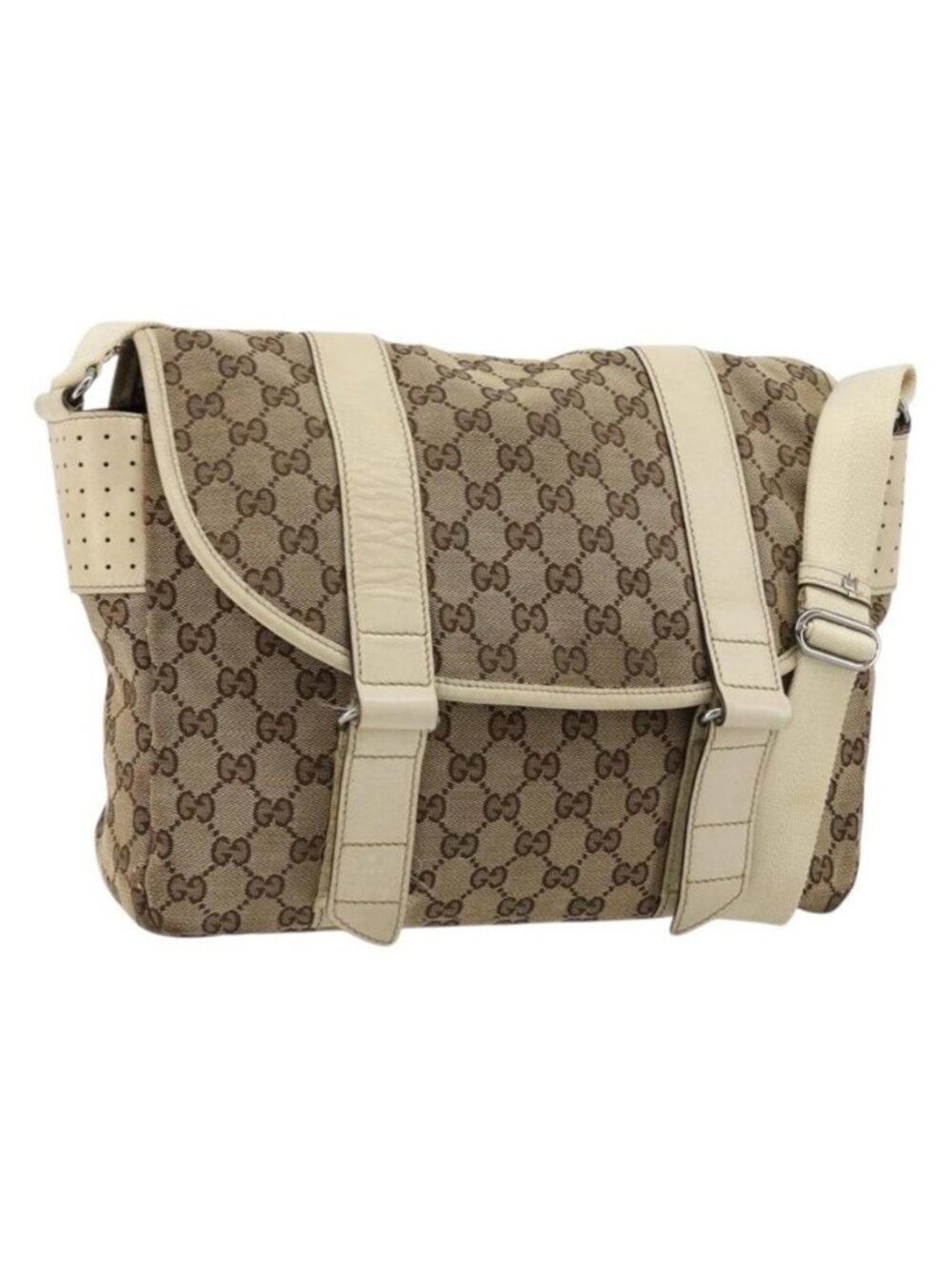 Authentic GUCCI GG Canvas Shoulder Bag Beige Silver 145859